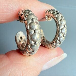 Charles Krypell 14k White Gold & Sterling Silver Textured Huggie Hoop Ea…